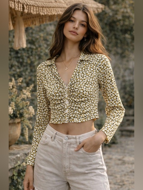 Anthropologie Tops - Anthropologie Maeve Ruched Collared Button-Front Long-Sleeve Shirt - Size XS